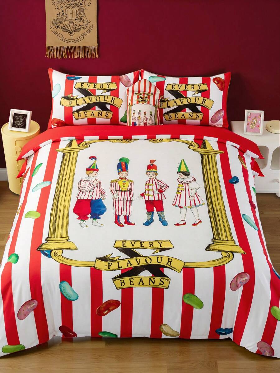 HARRY POTTER X SHEIN 三件套果冻豆印花床上用品套装，磨毛面料，柔软保暖，红色条纹被套，适用于单人床/双人床/大号床/特大号床，圣诞节礼物之选