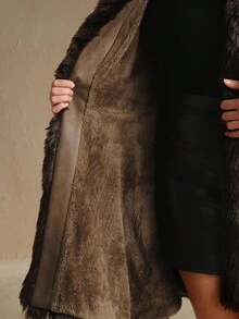 Anewsta Manteau mi-long ceinturé avec bordure en fausse fourrure élégant et pour femmes, grande taille, automne/hiver - Tabac - Voir 8