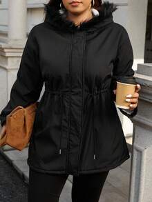 SHEIN Essnce Chaqueta de invierno con capucha de piel sintética, de talla grande para mujer, de unicolor, de manga larga, con cordón en la cintura y parches, de uso casual