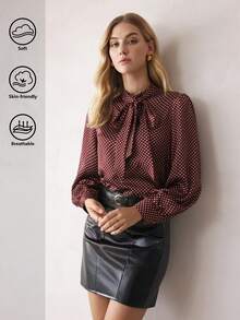 BizChic 女士棕色波尔卡圆点缎面系带长袖衬衫，都市通勤办公室商务休闲优雅正式衬衫 - 咖啡棕 - 查看 1