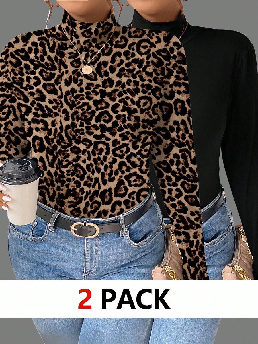 EMERY ROSE 2 piezas Camiseta de manga larga con cuello alto de talla grande, estilo minimalista casual con estampado de leopardo y unicolor, para otoño/invierno - Multicolor - Ver 1
