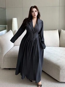 Flirla Plus Size Women Casual Cinched Waist Gray Long Sleeve Jacket