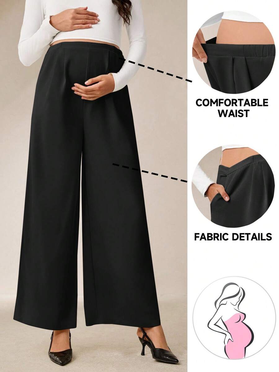 MaterniWear 高腰褶饰阔腿孕妇裤 - 黑色 - 查看 1