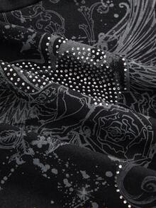 ROMWE Grunge Punk Sudadera con capucha de manga larga con gráfico de alas, vid y corazón de estilo vintage Y2K PUNK con strass - Negro - Ver 6