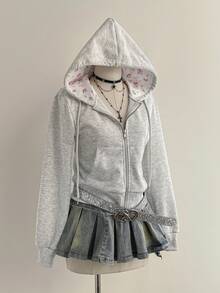 Elamini 女士灰色碎花连帽拉链运动衫，带口袋，休闲简约百搭舒适套头衫，适合户外、运动、家居服和日常穿着 - 灰色 - 查看 1