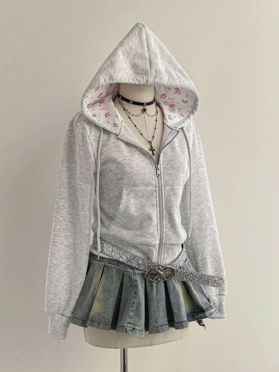 Elamini 女士灰色碎花连帽拉链运动衫，带口袋，休闲简约百搭舒适套头衫，适合户外、运动、家居服和日常穿着 - 灰色 - 查看 1