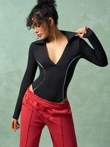 VARSIVA 女式纯色翻领长袖休闲健身连体裤 - 黑色 - 查看 9