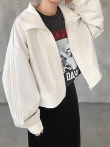 FRIFUL Women's Loose Contrast Color Jacket, Solid Color, Minimalist, Casual Everyday Wear,Back To School Clothes - White - View 4