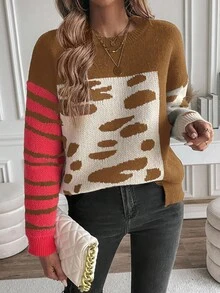 EMERY ROSE Áo len chui đầu họa tiết hình học màu khối tối giản, dáng rộng, cắt gấu, thu/đông - Nhiều màu - Xem 5