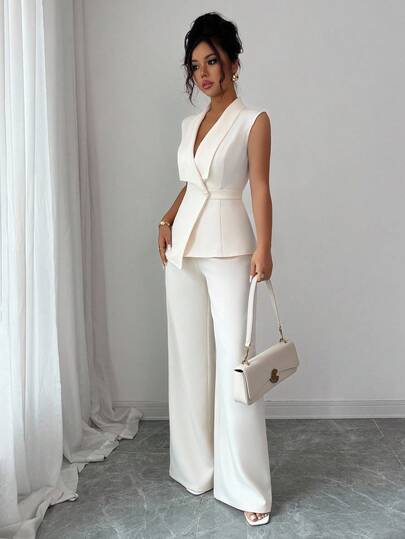 SHEIN PETITE 2 piezas Conjunto de blazer sin mangas con hebilla de metal en el cuello asimétrico y pantalones de cintura elástica para mujer de talla pequeña, elegante para oficina, viajes, estilo de negocios casual, versátil para Acción de Gracias, té de la tarde, fiesta, vuelta al colegio, primavera/verano/otoño