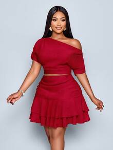 SOLERSUN Bộ đồ hai mảnh dệt kim màu mơ thanh lịch dành cho nữ cỡ lớn, trang phục dự tiệc ban ngày, cổ áo bất đối xứng, xếp nếp, trang phục lễ hội nhiệt đới, trang phục hòa nhạc lễ hội dành cho nữ, thời trang đơn giản, gợi cảm, thanh lịch, dành cho nữ, váy thể thao màu mơ giản dị - Đỏ - Xem 4