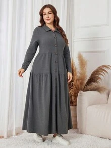 Lacomfia Plus Size Women Elegant Solid Color Button Front Knit Dress, Autumn - Dark Grey - View 5