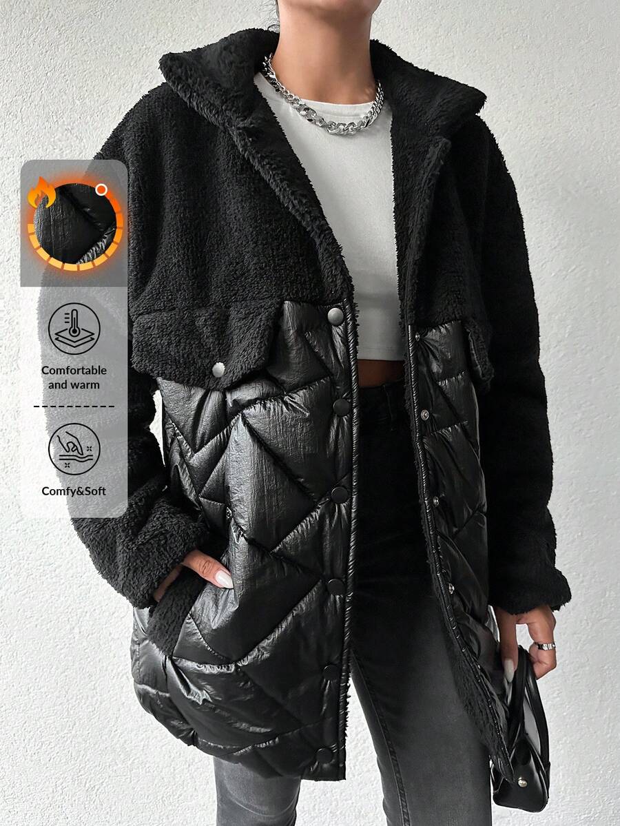 EURMUSE Flap Detail Teddy Panel Drop Shoulder Puffer Coat - Black - View 1