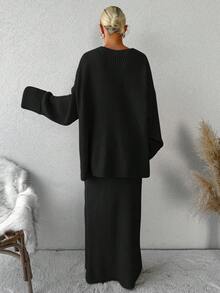 EURMUSE Conjunto De Suéter De Dos Piezas De Color Liso Para Mujer Sin Cinturón - Negro - Ver 2