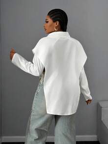 Maweii 大码女式纯色长袖单排扣侧开衩休闲衬衫 - 白色 - 查看 3