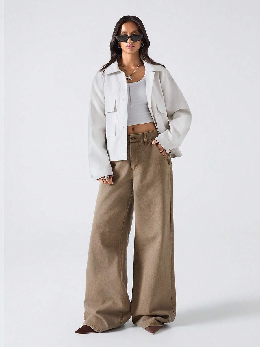 LYSMO Jaqueta Casual Feminina de Manga Longa, Bolso Cargo de Abotoamento Único, Cor Sólida, Outono - Branco - Visão 1