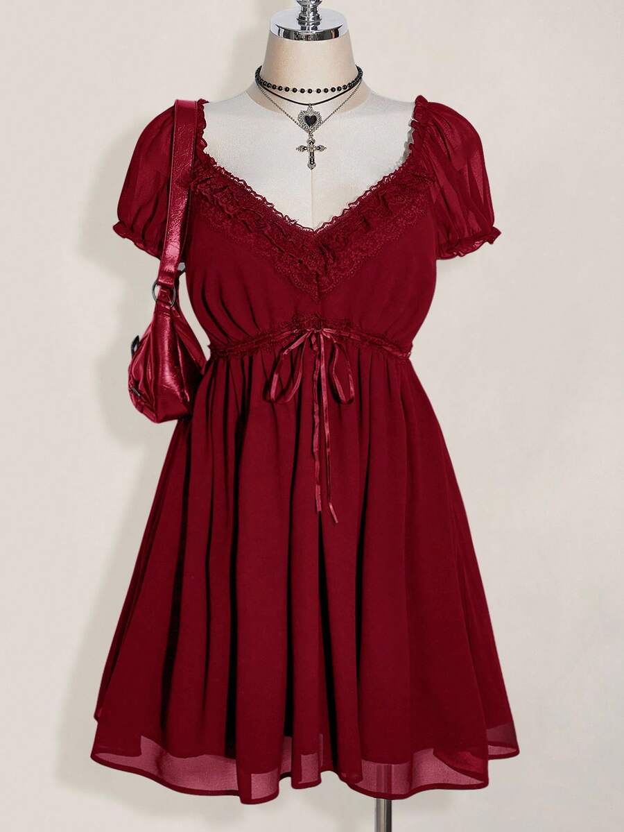 SHEIN ICON Váy babydoll dáng chữ A tay bồng cổ chữ V cỡ lớn, váy gợi cảm cổ điển Y2K, kỳ nghỉ hè, quần áo mùa tốt nghiệp trở lại trường, quần áo mùa hè - Màu Đỏ Sâu - Xem 1