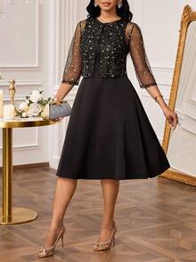 SHEIN Lady Women's Metallic Star Mesh 3/4 Sleeve Top And Sleeveless Dress Elegant 2 Pieces Set