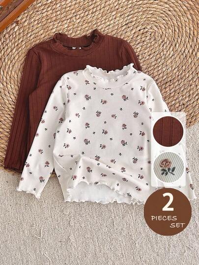 LMoss Kids 女婴 LMoss 两件套碎花荷叶边领针织上衣套装，包括罗纹上衣、碎花长袖衬衫、棕色衬衫和罗纹荷叶边长袖衬衫。秋季服装，适合秋季穿着，秋季上衣，冬季长袖上衣。