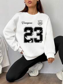 SHEIN EZwear 2 件套休闲简约运动风格返校学院风字母和数字 23 徽章印花宽松圆领运动衫和紧身打底裤/裤子，适合秋冬季 - 彩色 - 查看 3