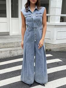 DAZY Women's Autumn Collared Sleeveless Waist Denim Jumpsuit Overalls Y2k - Blue - View 3