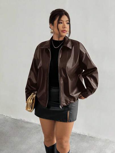 Firerie Plus Size Women Black Long Sleeve PU Leather Jacket Brown Jacket Leather For Women Streetwear Plus Size/ Winter Brown Leather Jacket Plus Size