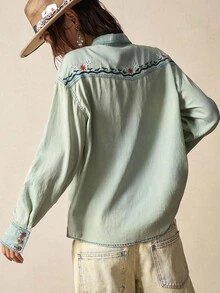 Bohemela 女士休闲纯色梭织宽松长袖牛仔衬衫 - 淺藍色 - 查看 6