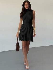 Aloruh Minimalist Stand Collar Sleeveless A-Line Mini Ribbed Knit Dress For Women,Fall - Black - View 3
