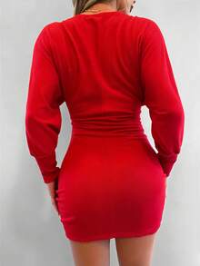 Cottnline Surplice Neck Batwing Sleeve Dress - Red - View 2