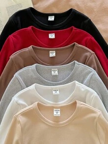 SHEIN LMoss Kids 5件套新生女宝宝可爱白色长袖连体衣套装，秋冬季宝宝中性色服装，长袖连体衣，男女宝宝通用，秋季宝宝连体衣 - 杏色 - 查看 5