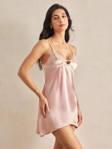 Charlaine 女士优雅法式蕾丝拼布吊带睡袍 - 藕粉色 - 查看 5