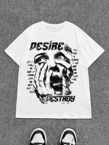Manfinity Dauomo 复古男士破洞“DESIRE”图案印花 T 恤，圆领短袖宽松版型，适合日常穿着 - 白色 - 查看 3