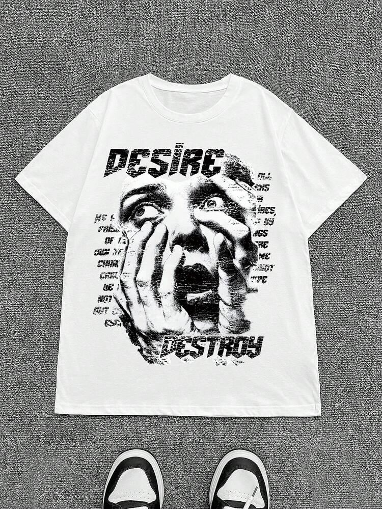 Manfinity Dauomo Vintage Men's Distressed "DESIRE" Graphic Print T-Shirt, Crew Neck Short Sleeve Loose Fit, Suitable For Everyday Wear - White - View 3