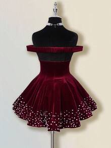 SHEIN ICON Elegantes Damen-Minikleid aus burgunderrotem Samt mit Perlen, herbstliches figurbetontes Abendkleid mit einem Schulterträger und Diamant-Verzierung, großes ausgestelltes Kleid für Party und Bankett, White Day Party - Bordeaux - Übersicht 2