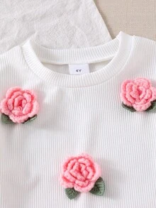 Bộ áo nỉ dài tay dệt kim gân nổi cho bé gái, thêu hoa 3D, phối cùng quần ống loe, ngọt ngào và dễ thương, thích hợp cho mùa xuân/thu, mặc thường ngày, đi chơi và hẹn hò. Mùa thu đông - trắng - Xem 7