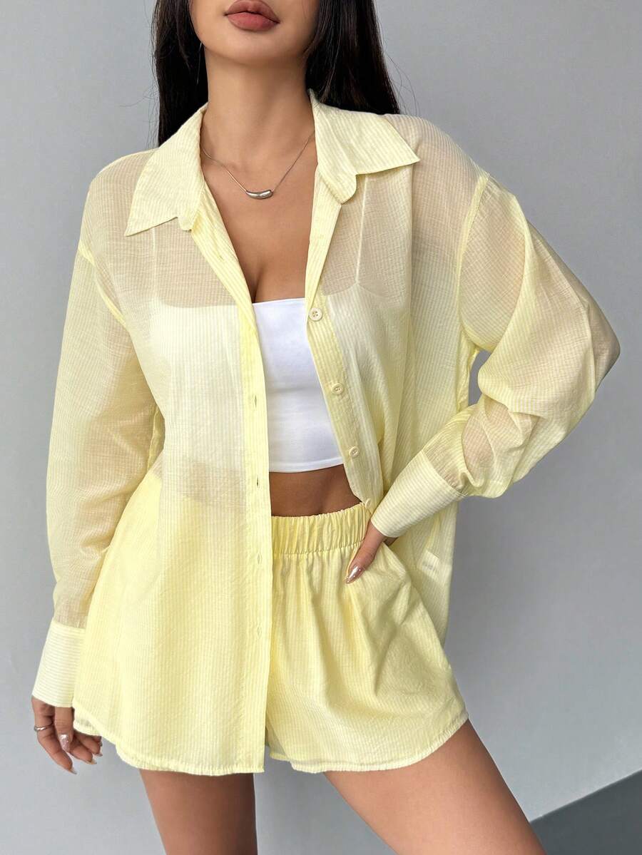Flirla 女士新款休闲日常装两件套，百搭长袖纽扣衬衫和松紧腰宽松短裤 - 黃色 - 查看 1