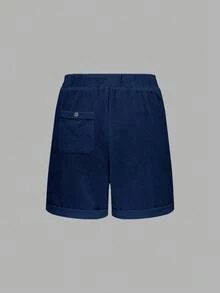 EMERY ROSE 纯色前系带口袋简约短裤，休闲日常穿着 - 藍色 - 查看 2