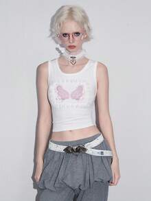 ROMWE Kawaii Quirky Girl 蕾丝拼布天使翅膀女式背心 - 白色 - 查看 4