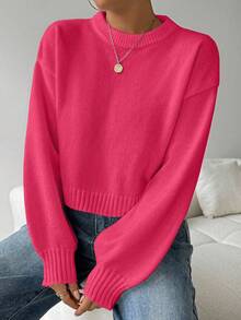 EMERY ROSE 女士纯色简约休闲圆领长袖白色毛衣 - 玫紅色 - 查看 6