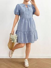 Flirla Plus Size Striped Mini V-Neck Drawstring Patchwork Short Sleeve Shift Dress - Blue - View 3