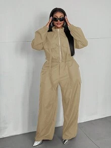 Maweii Bộ 2 món áo khoác và quần lửng màu trơn thường ngày cỡ lớn - Màu Khaki - Xem 4