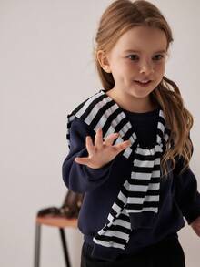 PrepCrw Young Girls' Collegiate Style Round Neck Sweatshirt/Shawl Set Fall Winter - Blue and White - View 9