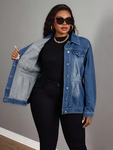 EMERY ROSE Winter Plus Size Women's Casual Single-Breasted Denim Jacket, Autumn - Dark Wash - View 6
