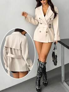 SHEIN PETITE 女士休闲通勤翻领双排扣风衣 秋冬女款风衣 - 卡其色 - 查看 3