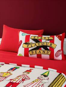 HARRY POTTER X SHEIN 三件套果冻豆印花床上用品套装，磨毛面料，柔软保暖，红色条纹被套，适用于单人床/双人床/大号床/特大号床，圣诞节礼物之选
