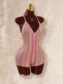 Amplova Spaghetti Strap Triangle Cup Textured Bohemian Style Backless Criss-Cross Strap Bodycon Romper - Purple - View 4