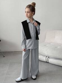 Tween Girls Striped Long Sleeve Shirt And Wide Leg Striped Pants With Shawl 2 Pieces Casual Set - Black - View 3