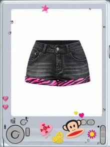 Paul Frank X ROMWE Women's Y2K Retro Ultra Low Waist Distressed Mini Denim Shorts - Black - View 9