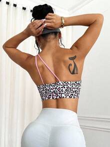 Slayform Damen Sport-BH mit Leopardenmuster, asymmetrischem Kragen und bügellosem Bügel, Cut Out