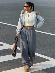 Muchica Women's Vintage Distressed Loose Fit Thermal Lined Sweatpants, Autumn/Winter,Fall